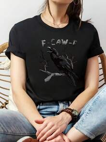 Women's 1-Piece T-Shirt With Bold Red Crow Graphic - Soft Crew Neck Short-Sleeve T-Shirt, Casual Top From Uste Hoado With Crow Print, Machine Washable, Suitable For All Seasons, Everyday Wear And Layering, Uste Hoado (See Size Chart) - 黑色 - 查看 1
