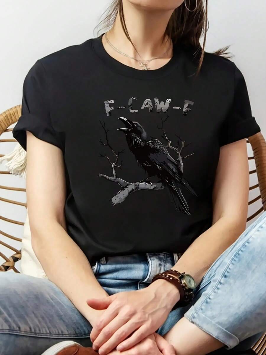 Women's 1-Piece T-Shirt With Bold Red Crow Graphic - Soft Crew Neck Short-Sleeve T-Shirt, Casual Top From Uste Hoado With Crow Print, Machine Washable, Suitable For All Seasons, Everyday Wear And Layering, Uste Hoado (See Size Chart) - 黑色 - 查看 1