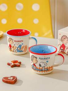Peanuts Snoopy & Charlie Brown Ceramic Mug, 340ml Cute Cartoon Coffee Cup, Red/Blue Rim, Microwave - Multicolor - View 8