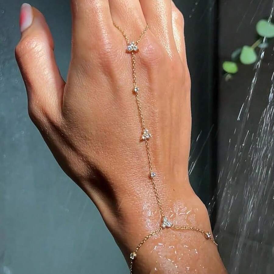 1pc Minimalist Hand Chain, Shiny Metal Jewelry Fashion Hand Accessory For Bride, Wedding, Party - Gold - View 1
