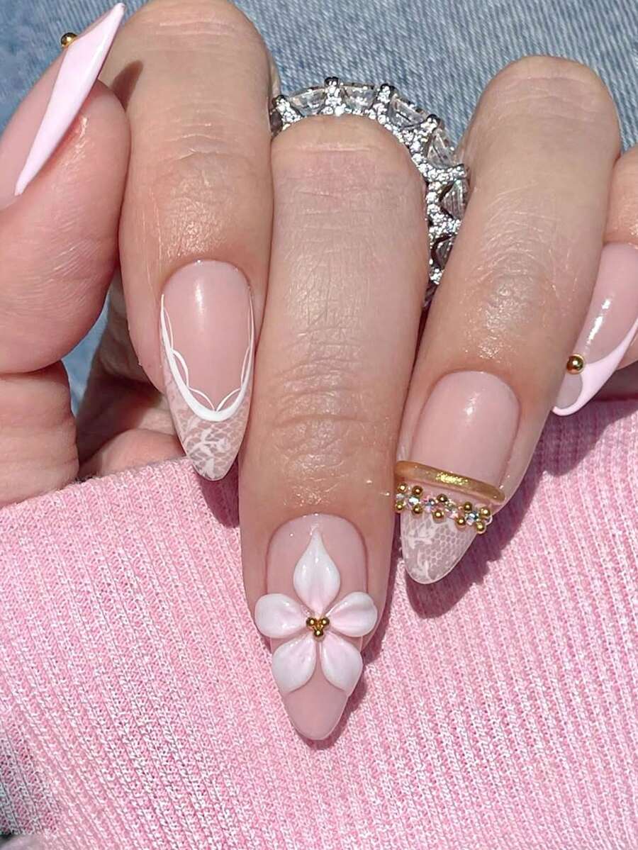 10pcs Handmade Wearable Nails, Short Almond-Shaped Fake Nails, Nude French Manicure, Delicate Fairy-Like Nails, Hand-Painted Pink Edges French Tips, Lace Texture, 3D Pink Flowers, Rhinestone Gold Rings Decor, Translucent Jelly Effect, Versatile For Any Occasion, Includes Manicure Tools, Easy To Apply And Remove, Suitable For Women And Girls - Baby Pink - View 1