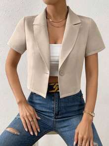 Blazer de mujer de unicolor con un solo botón y manga corta, para uso casual en verano - Albaricoque 2 - Ver 3
