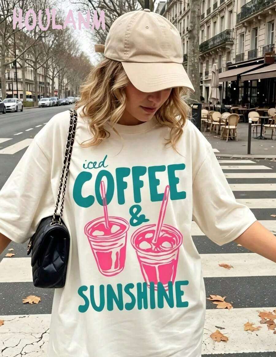 New Arrival 2026: Orange Mug Print T-Shirt "Iced Coffee And Sunshine" | Women's Clothing, Loose Fit, Summer Tops, Spring Style, Cozy Aesthetic T-Shirt, Soft And Breathable Fabric, Fashionable 100% Cotton, Women's Everyday Graphic Print T-Shirt - 杏子 2 - 查看 1