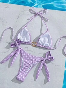 女士印花掛脖綁帶式兩件式泳衣：性感時尚、年輕簡約、高級活潑可愛，適合海灘度假與旅行派對 - 紫色白點 - 查看 3