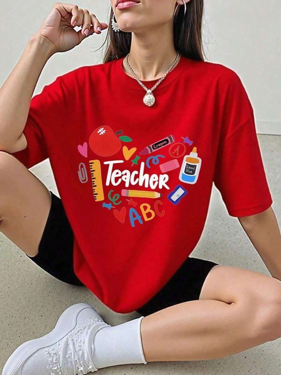 WOOAVIVA Women's T-Shirt, Soft 100% Cotton, Fashionable For Summer, Y2K Style Cleanfit, Casual, Slim Fit, Colorful, ABC Teacher Design, Perfect Gift For Teachers, School Professors, Back To School, Teacher Appreciation, Casual, Perfect For All Seasons, Women's Printed Blouse. - 紅色的 - 查看 1