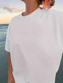 Fashionable Short-Sleeved T-Shirt With Fitness Dumbbell Print On The Back, Casual Round Neck Short-Sleeved T-Shirt, Women's Clothing. - 白色 - 查看 3