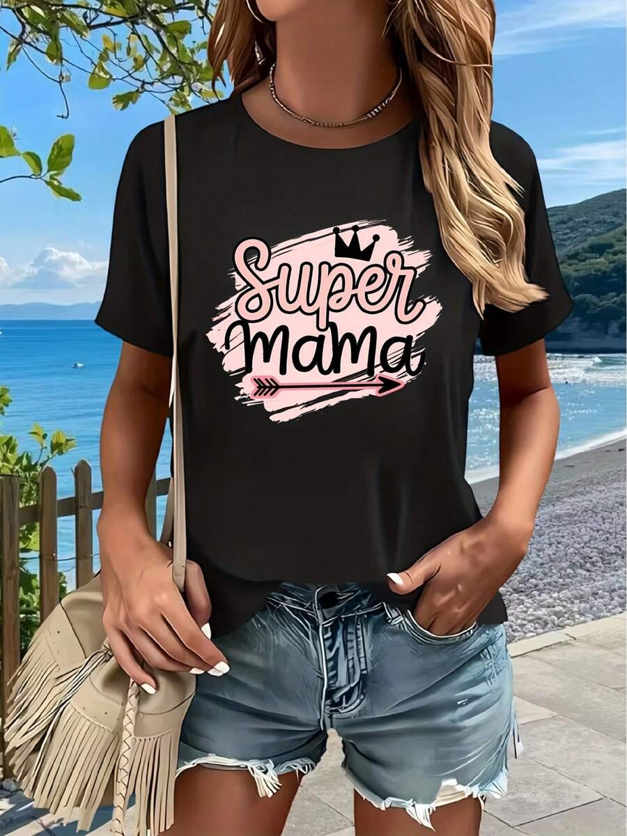 Camiseta con Estampado de Super Mamá - Con Letras y Texto de Super Mamá - Suave y Elástica - Adecuada para Uso Diario Casual y Conjuntos de Fiesta - Apta para Todas las Temporadas, Lavable a Máquina - Idea de Regalo para el Día de la Madre - Camiseta para Mamá, Camiseta para Mujer OBPQ - Negro - Ver 1