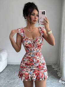 Vestido con estampado floral, volantes y bajo sexy para mujer - Naranja 2 - Ver 7