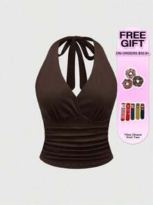 Punk Parte superior con estampado de leopardo y cuello de halter para mujer, escuela - Marrón - Ver 5