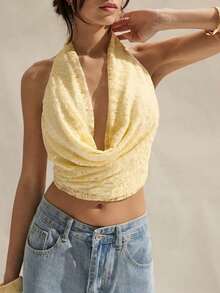 Blusa elegante y sexy de mujer con cuello drapeado y espalda descubierta de unicolor - Amarillo claro - Ver 7