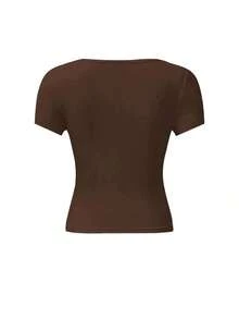 Set de 3 camisetas de mujer de manga corta con cuello en U, tops ajustados y cortos de color liso casual y de moda para el verano - Multicolor - Ver 4