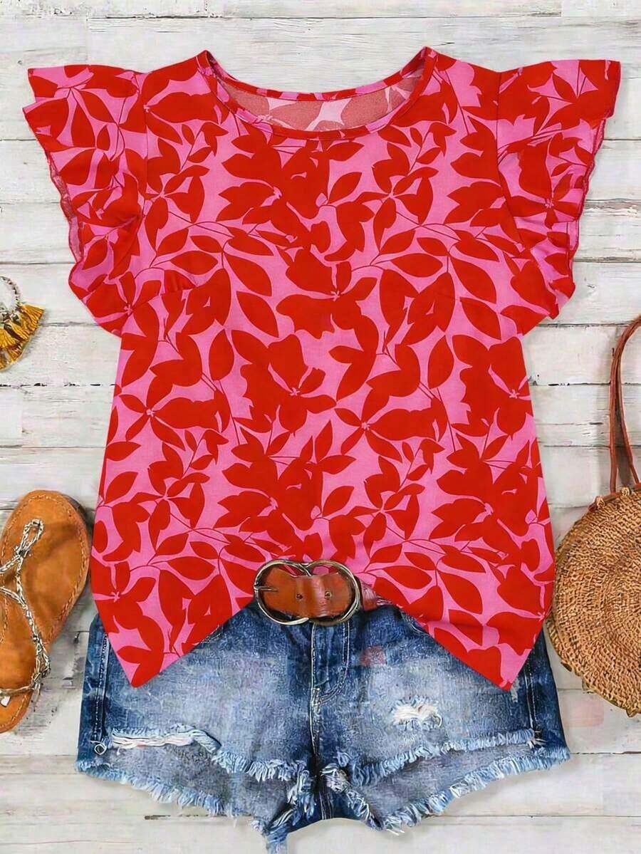 Tall Blusa casual de mujer con estampado floral de hojas sobre base naranja, cuello redondo, mangas de vuelo y mangas cortas, para primavera/verano - Rosa - Ver 1