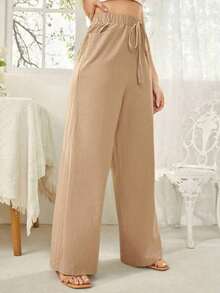 Pantalones largos minimalistas de unicolor con cordones y bolsillos para mujer, casuales para uso diario - Camel - Ver 3