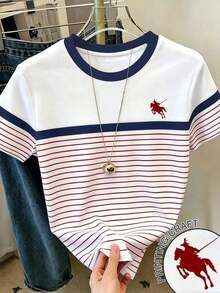 RCamiseta casual de mujer de cuello redondo con estampado gráfico de rayas y bloques de color - Blanco 6 - Ver 1