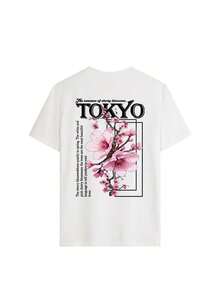 Conjunto de 3 piezas de moda de verano con estampado de paisaje de flores de cerezo, camiseta casual de manga corta con cuello redondo, top versátil para mujer. - Blanco - Ver 2