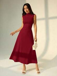 Vestido maxi de línea A con cuello mao, sin mangas, fruncido, color blanco, nuevo para el Día de San Valentín.Elegante y romántico atuendo para citas y trabajo, vestidos de verano para mujer - Rojo - Ver 3
