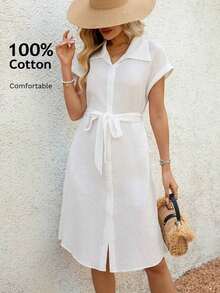 Vestido midi casual de mujer con botones frontales a rayas, vestido de verano con cintura anudada, vestido de trabajo de verano, vestido preppy, vestido con botones para mujer, vestido a rayas azul, vestidos de verano para mujer, conjuntos de v - Blanco - Ver 9