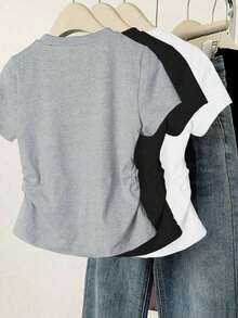 Set de 3 blusas de mujer de manga corta con cuello redondo, plisadas, de unicolor minimalista con detalle de lazo y estampado, para el verano - Multicolor 6 - Ver 2