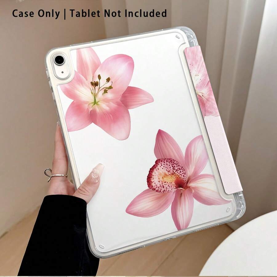 Pink Lily And Other Patterns, Painted Effect Acrylic Crystal Tablet Computer Protective Case, With Stand, Suitable For Samsung/Apple/Honor And Other Popular Tablet Models, Foldable Anti-Bending, Silicone Reinforced Corners, Auto Wake/Sleep Function, Built-In Pen Slot, Multi-Angle Foldable Stand - Perfect Daily Protection, Great Holiday Gift - Style 6 - View 1