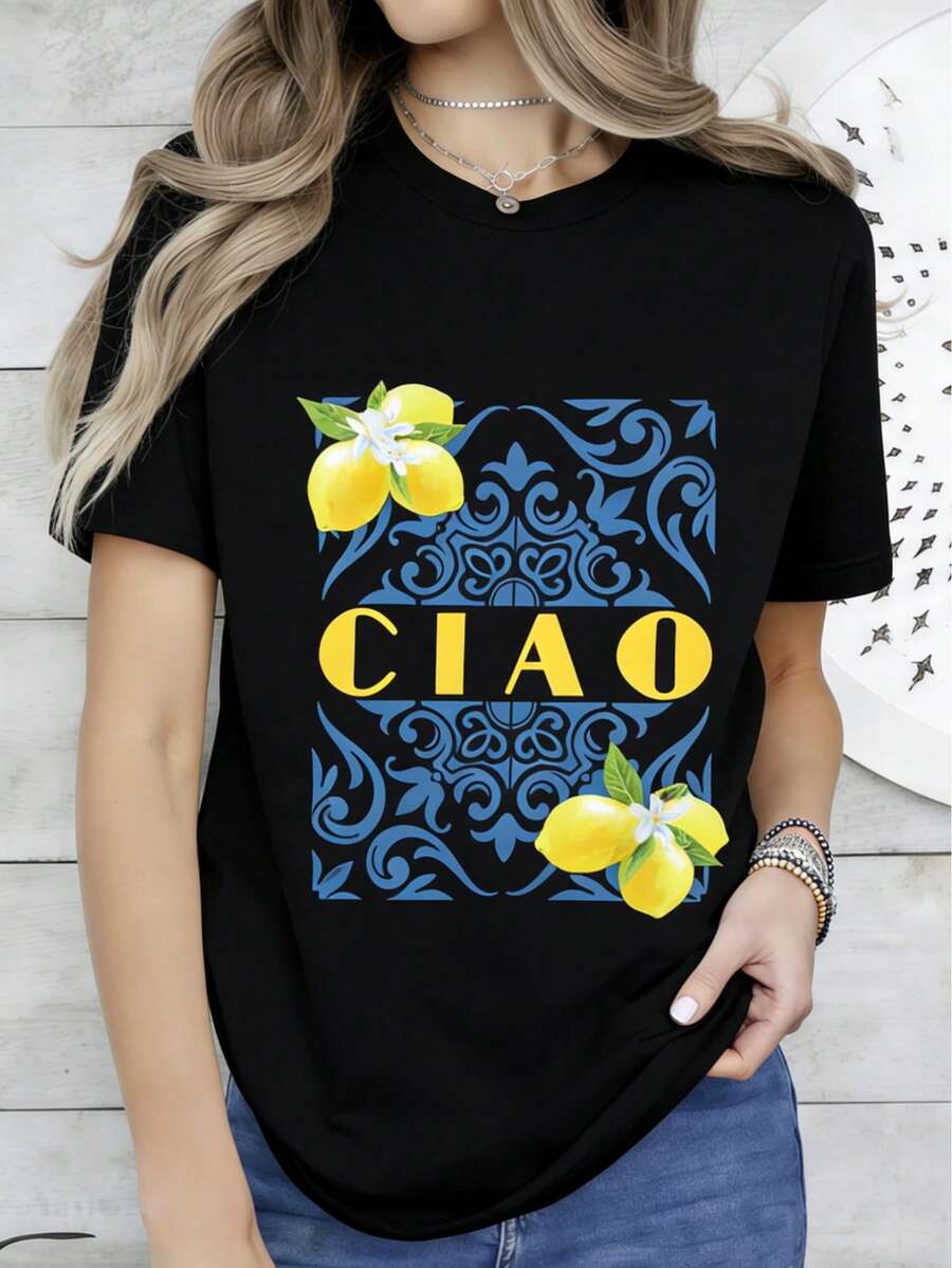 Loose Fit Pure Cotton Round Neck Short Sleeve Tee Ladies Daily Wardrobe Essential - Negro - Ver 1