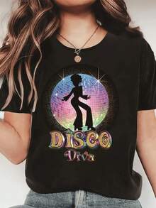 Camiseta de mujer moderna, informal, para fiestas y para estar en casa, 100% algodón, corte holgado. 1pscUn homenaje vibrante a la era disco con una silueta de bailarina llena de energía frente a una brillante bola de espejos ícono de los setenta que irradia alegría y ritmo en cada movimiento perfecto para la diva moderna Camiseta de mujer 100% algodón100%cotton - Negro - Ver 1