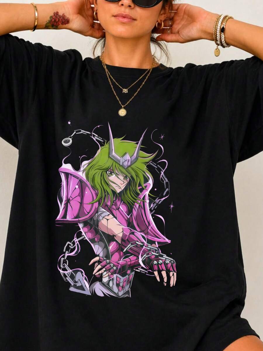 1 Piece 180g Women's Cotton Shirt, Oversized Short Sleeve Round Neck With Print For Daily And Street Wear, Designed By Y2K Artists In The Bababask Style - 黑色4 - 查看 1