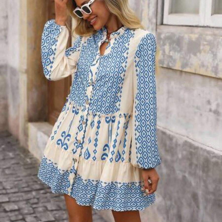 Women's Floral Wavy Striped Single-Breasted Lantern Sleeve Casual Mini Dress, Boho Dress Women, Summer Long Sleeve Dress, 70s Dress, Cottagecore Dress, Italian Summer Dress,Bohemian,Boho Chic,Boho Women Clothing,Western Wear Women,Western,Fall Clothes For Women,Fall Dress,Halloween Clothes Women,Going Out Outfits,Old Money Style Women,Old Money Dress, - Azul - Ver 1