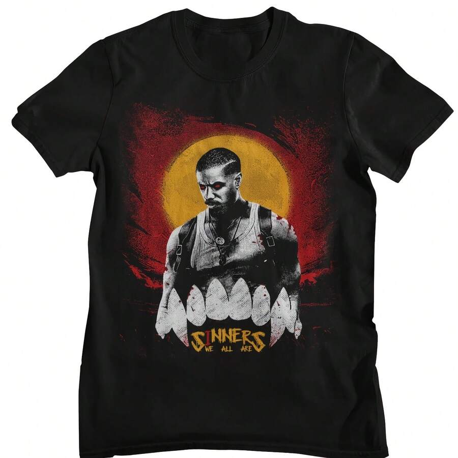 Camiseta gráfica de película de terror Sinners Michael B. Jordans para hombre, camiseta de manga corta de algodón con cita de dientes de vampiro, ropa de calle - forma - Ver 1