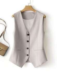 Chaleco liso para mujer, chaqueta de cuello en V, primavera/otoño, ropa de oficina de moda para verano - Albaricoque - Ver 1