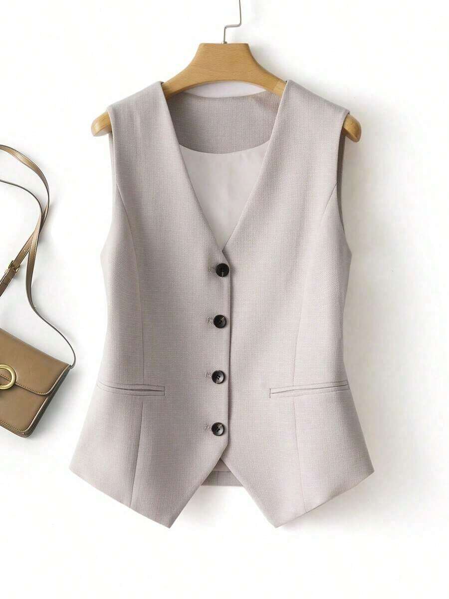 Chaleco liso para mujer, chaqueta de cuello en V, primavera/otoño, ropa de oficina de moda para verano - Albaricoque - Ver 1