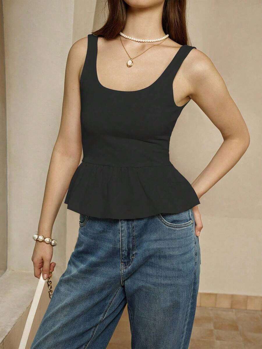 Camiseta sin mangas ajustada al Body con ribete de volantes cuadrado y diseño empalmado de un solo color para mujer en verano - Negro - Ver 1
