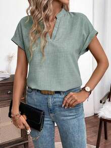 Camisa de verano para mujer de unicolor con escote en V estilo murciélago, manga corta - Verde 2 - Ver 6