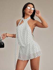 Vestido de verano mini blanco con lunares negro y blanco de malla apropiado para vacaciones - Blanco - Ver 5