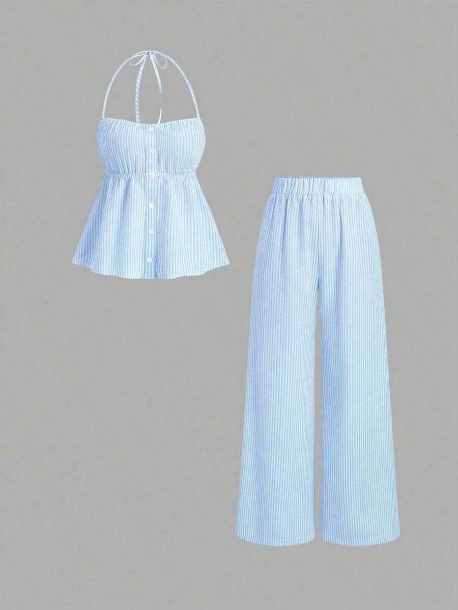 Sweetro Conjunto de dos piezas para mujer para uso diario - Azul - Ver 1