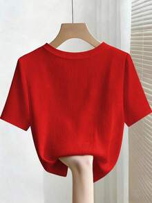 Camiseta de manga corta con cuello redondo ajustado, con cuentas y acanalada, elegante para mujeres - Rojo - Ver 2