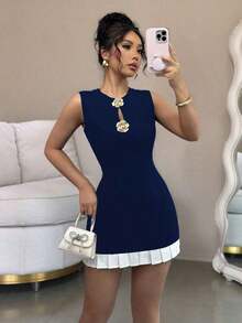 Raffinéa Vestido con hebilla de metal hueca y ribete de volantes para mujer - Azul marino - Ver 8