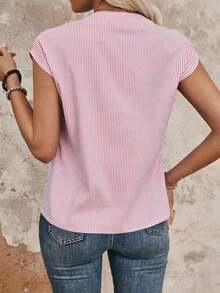 Camisa de cuello con muesca a rayas, casual/para el trabajo, de verano - Rosa Pálido - Ver 2
