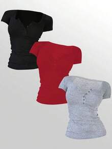 3 piezas Mujer Verano Casual Commuting Minimalista unicolor Medio Botón Cardigan Fruncido Camiseta Ajustada - Multicolor 5 - Ver 1