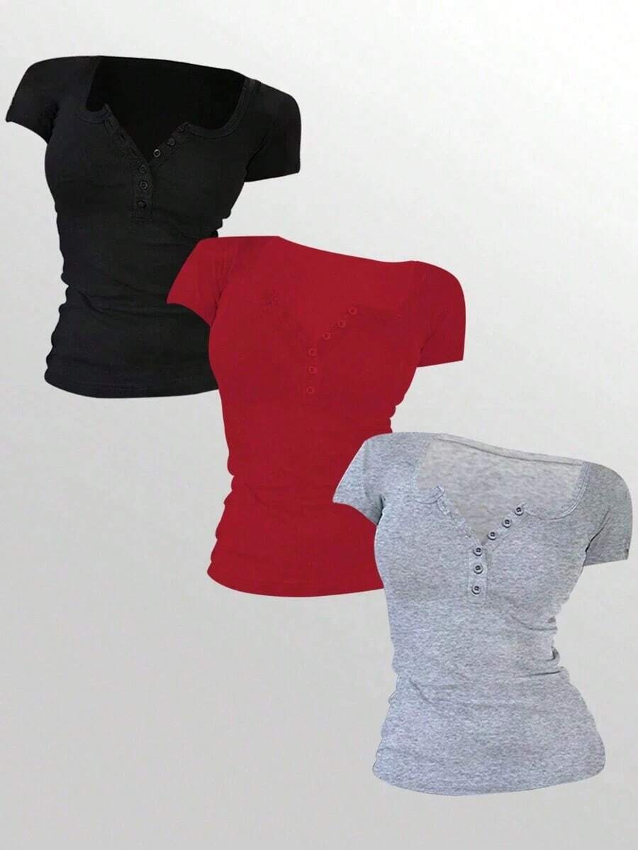 3 piezas Mujer Verano Casual Commuting Minimalista unicolor Medio Botón Cardigan Fruncido Camiseta Ajustada - Multicolor 5 - Ver 1