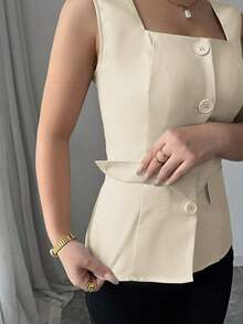 Blusa elegante de mujer con cuello cuadrado sin mangas, decoración con bolsillo falso, camisa ajustada de oficina, primavera/verano - amarillo ganso - Ver 6