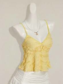 Blusa de tirantes de mujer con volantes de tela texturizada de unicolor para el verano y vacaciones - Amarillo claro - Ver 5