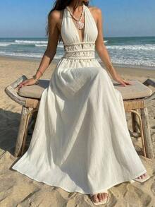 Vestido largo de línea A con cuello halter de escote profundo en V, cintura con lazo, dobladillo con volantes, adornos de conchas y flecos, textura plisada en color albaricoque.Vestido de mujer primavera/verano, para vacaciones, playa, estilo b - Albaricoque - Ver 1