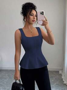 Blusa elegante de cuello cuadrado sin mangas para mujer, adecuada para la oficina, el transporte, el té de la tarde, las fiestas, las vacaciones y ocasiones casuales - Azul marino - Ver 7