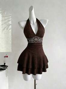 Sweetro Vestido mini de línea A con cuello de lazo bordado con flores, dobladillo con volantes. Vestido de fiesta elegante adecuado para fiestas de Navidad, Año Nuevo, Acción de Gracias, primavera, verano, otoño e invierno - Marrón - Ver 9
