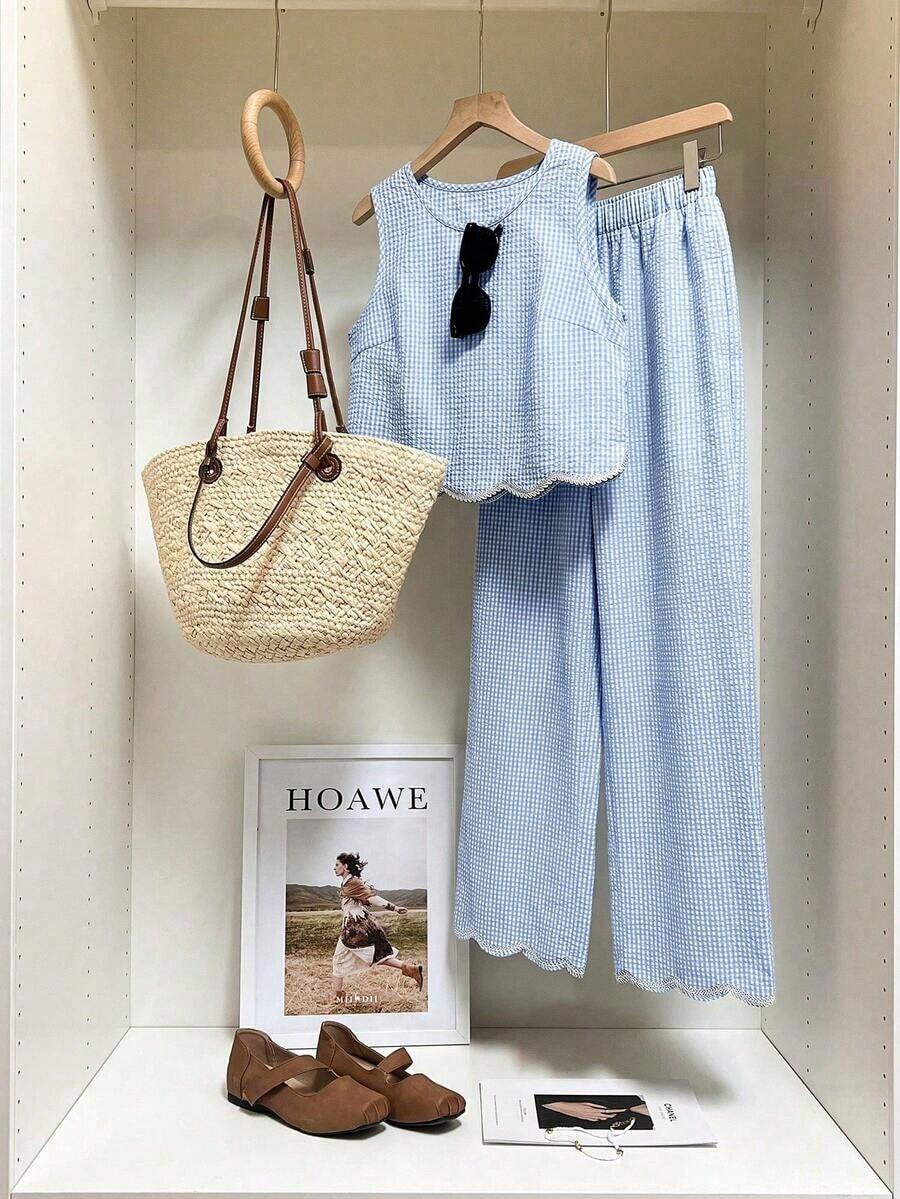 Frenchy Conjunto de 2 piezas de top sin mangas de cuello redondo a cuadros y pantalones para mujer - Azul y blanco - Ver 1
