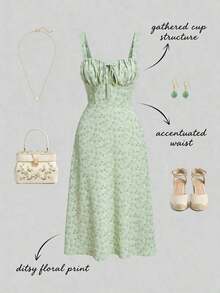 MOD Vestido de tirantes con estampado floral con cordón delantero - Verde pastel - Ver 2