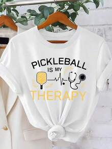 Solt 1pscPileball es mi elemento de relajación. Camiseta de manga corta para mujer, estilo retro estampado, ideal para primavera y verano, adecuada para el uso diario, casual y versátil, ropa elegante para mujer. Diseño deportivo y versátil, sencillo, 100% algodón con estampado gráfico. - Blanco - Ver 1