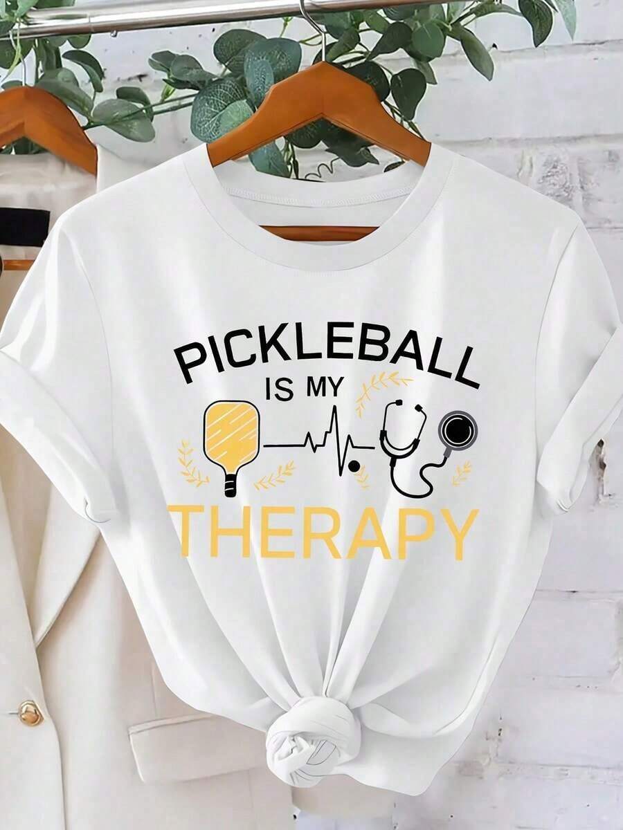 Solt 1pscPileball es mi elemento de relajación. Camiseta de manga corta para mujer, estilo retro estampado, ideal para primavera y verano, adecuada para el uso diario, casual y versátil, ropa elegante para mujer. Diseño deportivo y versátil, sencillo, 100% algodón con estampado gráfico. - Blanco - Ver 1