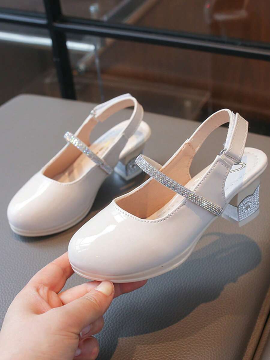 Girls' Rhinestone Strap Mary Jane High Heel Sandals, Children's Patent Leather Princess Dress Shoes Suitable For Parties And Daily Wear - Beige - View 1