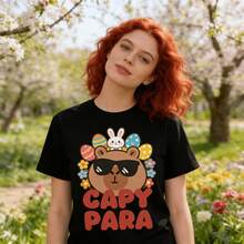 Tops para mujerAdorable de Algodón Blanca con Estampado de Huevos de Pascua de Capibara para Mujer, Casual, de Longitud Regular, Manga Corta, Cuello Redondo, Top de Verano, Ropa de Verano para Mujer, Ropa de Vacaciones para Mujer, Tops de Mujer, Tops de Verano, Conjuntos de Verano, Ropa de Verano, Regalos de Pascua - Negro - Ver 6
